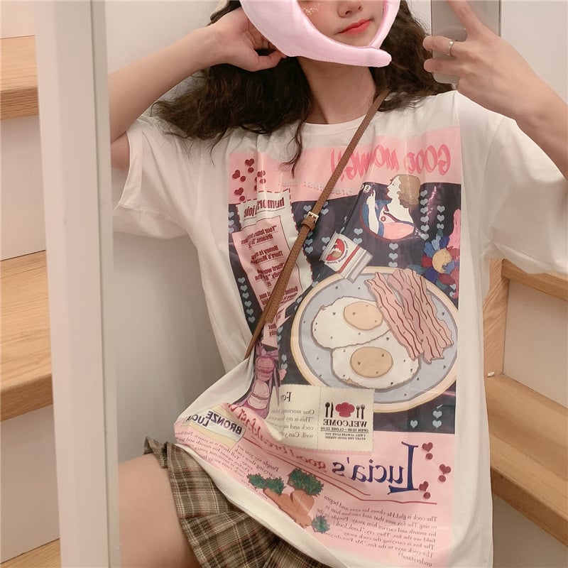 Cute Funny Cartoon Egg Bacon Breakfast Food Graphic Short Sleeve Shirt Tee T-shirt E-Girl Kawaii Korean Japanese Harajuku Chinese Retro Streetwear