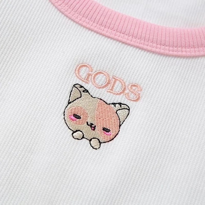 Cat Embroidery Patchwork Crop Top
