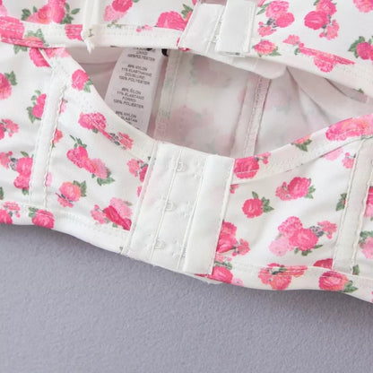 Pink Flower Print Ruffle Bustier Crop Top