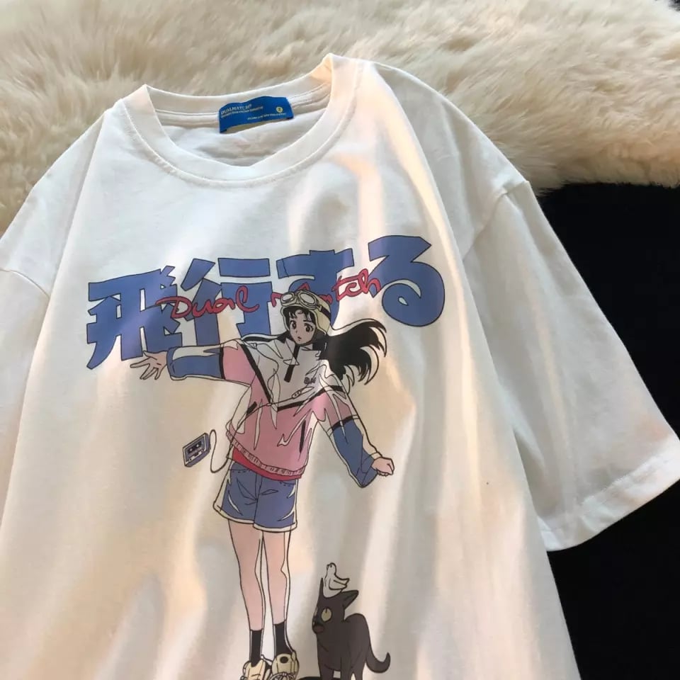 Cute White Graffiti Anime Girl Cat Cartoon Print Oversized Short Sleeve Shirt Punk Aesthetic Casual E-Girl Kawaii Korean Japanese Harajuku