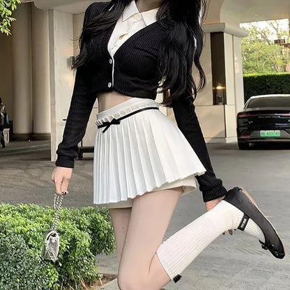 Preppy Pleated Bow Patchwork Mini Skirt