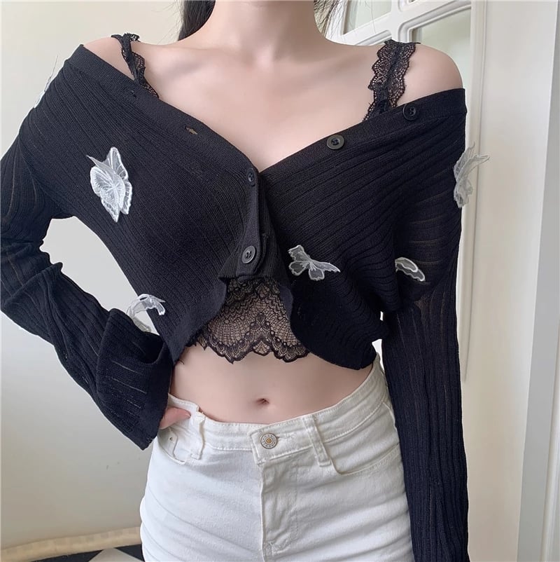 Cute Sweet Butterfly Knit Cardigan V Neck Crop Top Thin Long Sleeve T-shirt Vintage Aesthetic Casual Summer E-Girl Kawaii Korean Japanese Harajuku