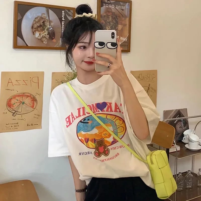 Cute Sweet Graffiti Bear Letter Print Short Sleeve Shirt Top Loose Oversize Aesthetic Casual Summer E-Girl Kawaii Korean Japanese Harajuku