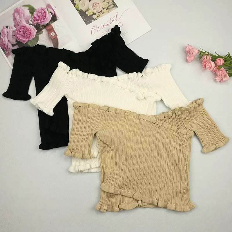 Cute Sexy Knit Crochet Off Shoulder Crop Top Shirt Tee T-shirt E-Girl Kawaii Korean Japanese Harajuku Retro Streetwear Aesthetic