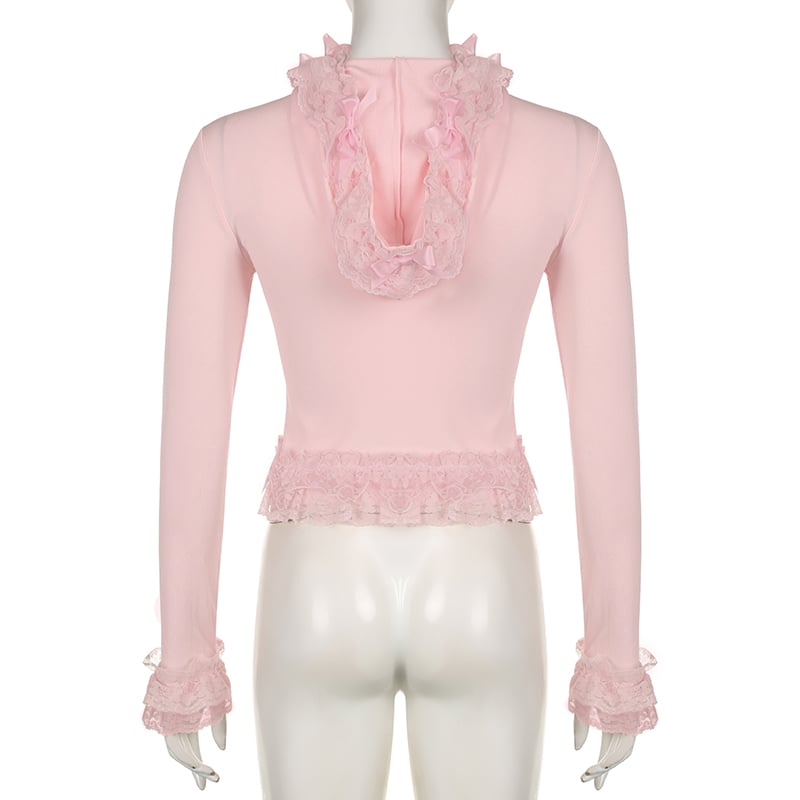 Pink Lace Ruffle Hem Cropped Zipper Hoodie