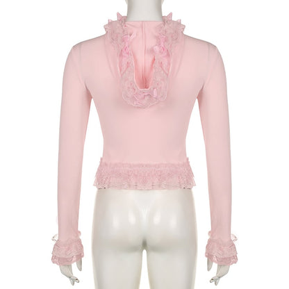 Pink Lace Ruffle Hem Cropped Zipper Hoodie