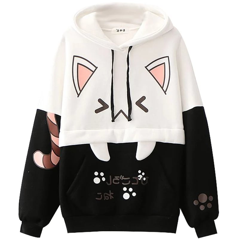 Cute Cat Kitten Ear Cartoon Print Funny Hoodie Long Sleeve Pullover Sweatshirt Aesthetic Casual E-Girl Kawaii Korean Japanese Harajuku