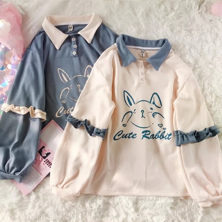 Cute Bunny Rabbit Graphic Vintage Collar Long Sleeve T- Shirt Sweatshirt Aesthetic Casual E-Girl Kawaii Korean Japanese Harajuku
