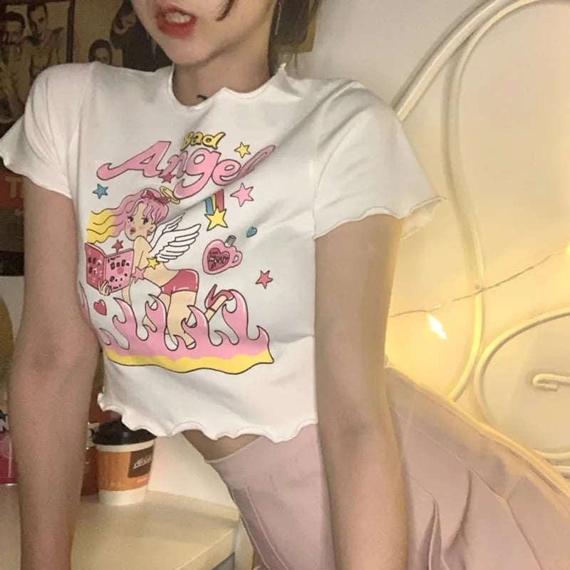 Angel Print Ruffle Short Sleeve T-shirt