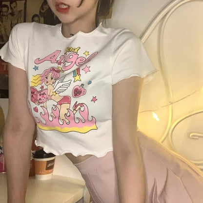Angel Print Ruffle Short Sleeve T-shirt