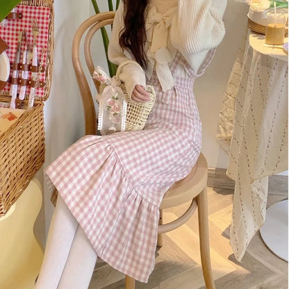 Pink Plaid High Waist Long Skirt