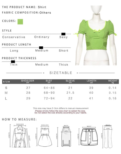 Cute Sexy Neon Green Ribbed Knit Bow Crop Top Short Sleeve Shirt Tee T-shirt E-Girl Kawaii Korean Japanese Harajuku Chinese Retro Streetwear Aesthetic