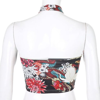 Cute Sexy Dragon Flower Print Halter Sleeveless Backless Crop Tank Top Summer Aesthetic Casual E-Girl Kawaii Korean Japanese Harajuku