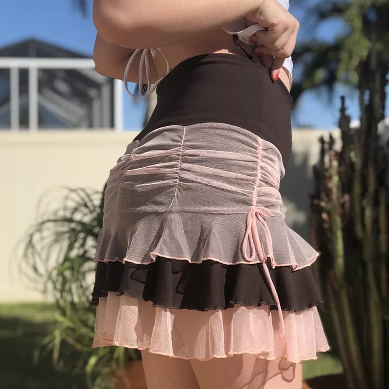 Brown Vintage Patchwork Pleated Ruffle Mini Skirt