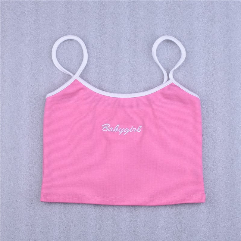 Sexy Pink Babygirl Letter Embroidery Spaghetti Strap Patchwork Crop Top Summer T-shirt E-Girl Kawaii Korean Japanese Harajuku Retro Streetwear Fashion