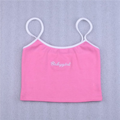Sexy Pink Babygirl Letter Embroidery Spaghetti Strap Patchwork Crop Top Summer T-shirt E-Girl Kawaii Korean Japanese Harajuku Retro Streetwear Fashion