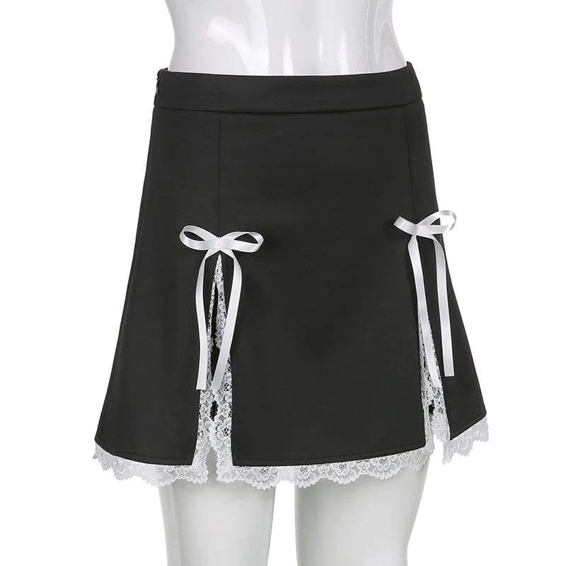 Cute Black Maid Lace Trim Mini Skirt 90s Party Summer Aesthetic Casual E-Girl Kawaii Korean Japanese Harajuku