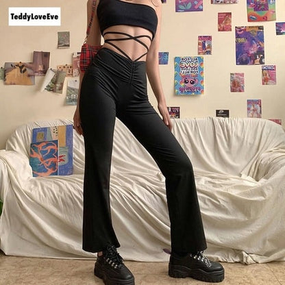 Cute Sexy Black High Waisted Thin Bandage Wrap Tie Pant Trousers Joggers E-Girl Kawaii Korean Japanese Harajuku Chinese Retro Streetwear Aesthetic