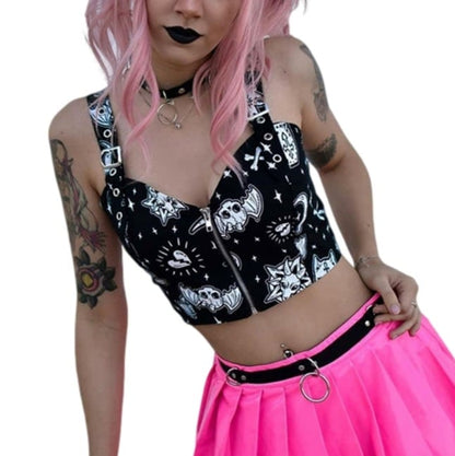 Cute Black Goth Skull Bat Goat Print Zipper Front Camisole Crop Top Tank Summer Aesthetic Casual E-Girl Kawaii Korean Japanese Harajuku