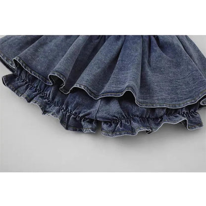 Denim Bow Ruffle Low Waist Skirt
