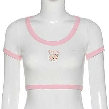 Cat Embroidery Patchwork Crop Top