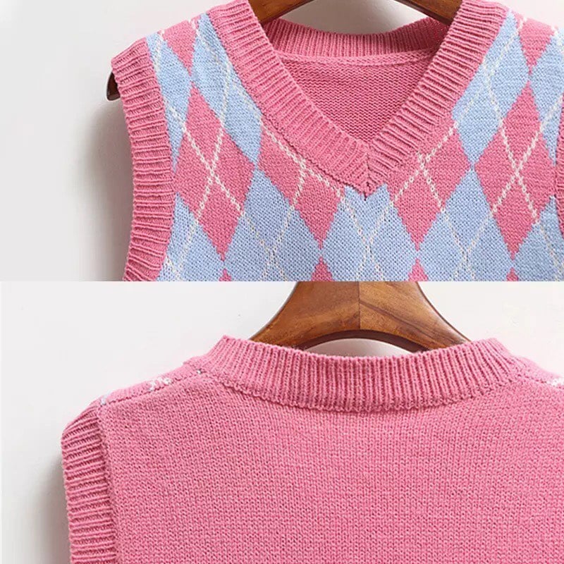 Cute Argyle V Neck Sleeveless Vest Knit Sweater Pullover Jumper Tank Top Autumn Aesthetic E-Girl Kawaii Korean Japanese Harajuku Streetwear