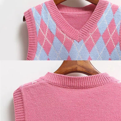 Cute Argyle V Neck Sleeveless Vest Knit Sweater Pullover Jumper Tank Top Autumn Aesthetic E-Girl Kawaii Korean Japanese Harajuku Streetwear