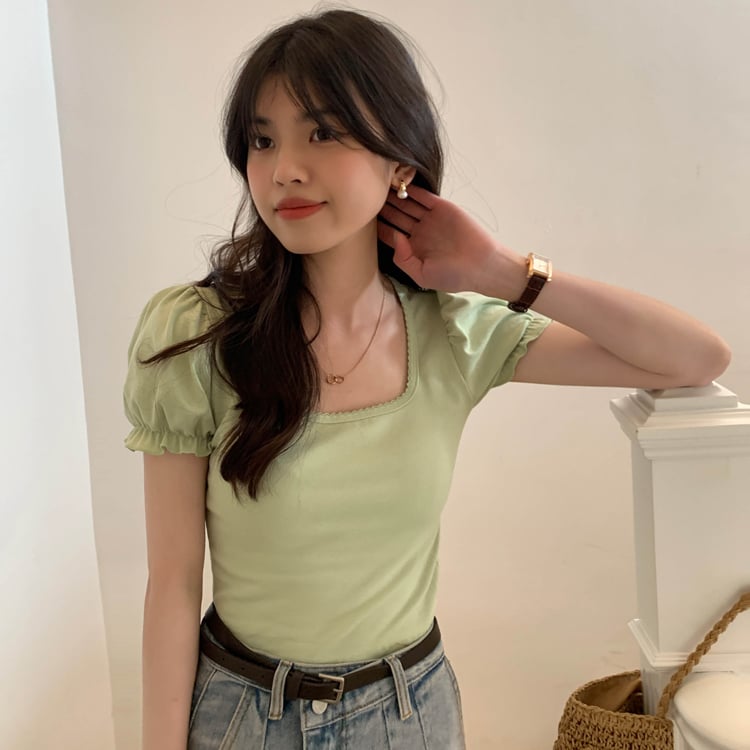 Green Puff Sleeve Square Collar Top