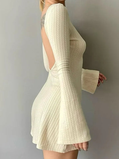 Cream Knit Backless Bodycon Long Sleeve Dress