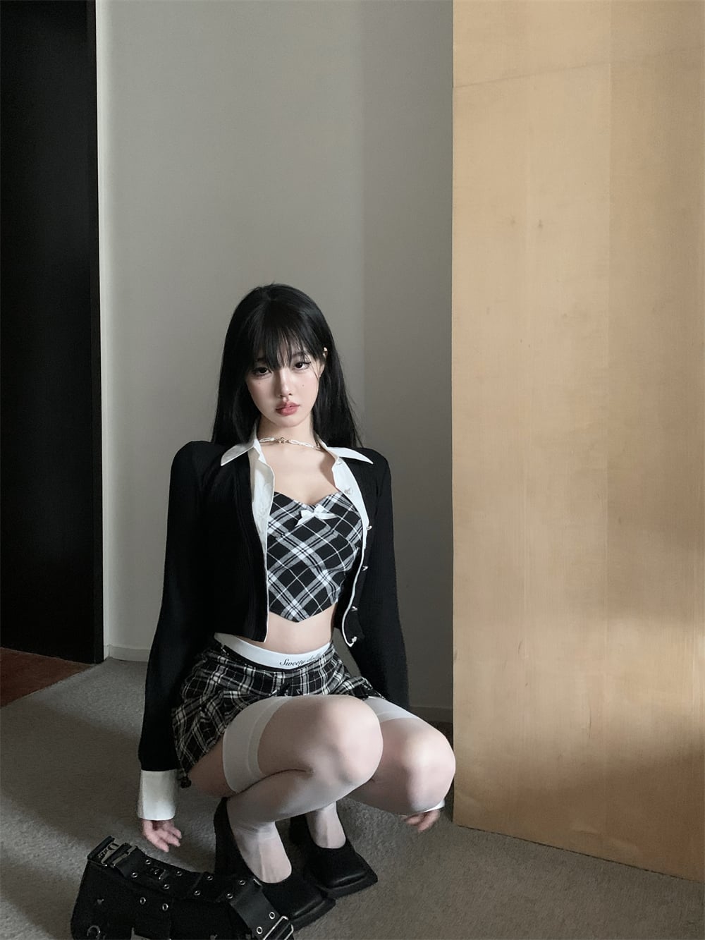 3PCS Plaid Patchwork Camisole + Pleated Skirt + Long Sleeve Shirt