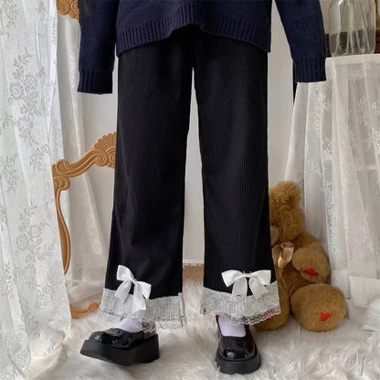 Sweet Bow Lacee Wide Leg High Waist Corduroy Trousers