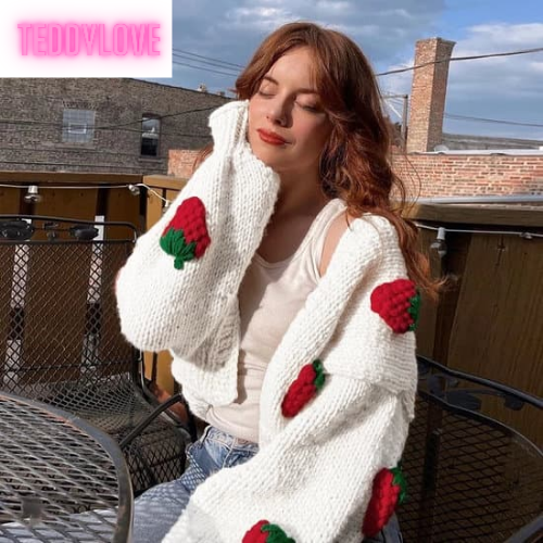 Cute White Strawberry Crochet Loose Cardigan Long Sleeve V Neck Sweater Aesthetic Casual Summer E-Girl Kawaii Korean Japanese Harajuku