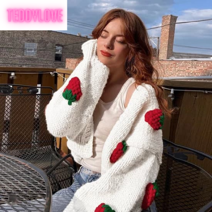 Cute White Strawberry Crochet Loose Cardigan Long Sleeve V Neck Sweater Aesthetic Casual Summer E-Girl Kawaii Korean Japanese Harajuku