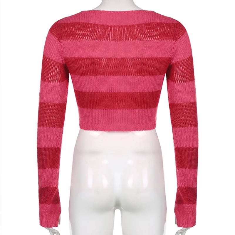 Cute Pink Heart Shape Hollow Out Long Sleeve O-neck Sweater Knit Pullover Aesthetic Casual E-Girl Kawaii Korean Japanese Harajuku