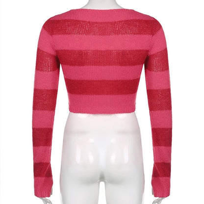 Cute Pink Heart Shape Hollow Out Long Sleeve O-neck Sweater Knit Pullover Aesthetic Casual E-Girl Kawaii Korean Japanese Harajuku