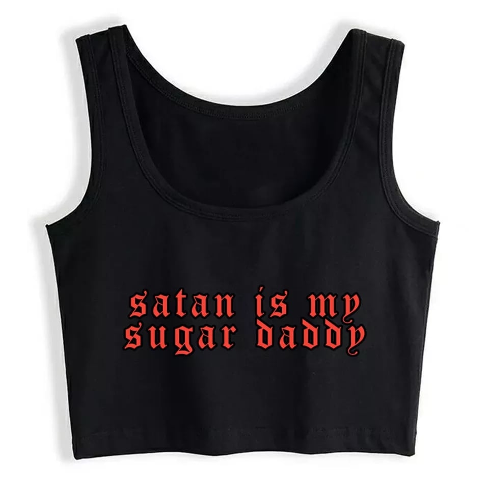 Cute Black Satan Sugar Daddy Print Crop Top Tank Sleeveless Shirt Aesthetic Casual E-Girl Kawaii Korean Japanese Harajuku