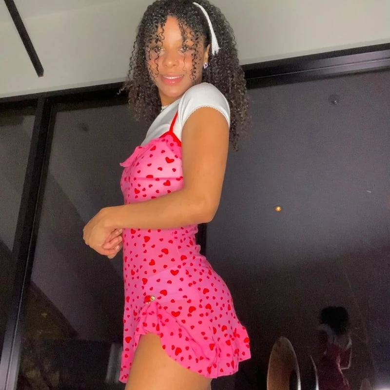 Cute Sweet 90s Pink Heart Print Sleeveless Strap Ruffles Short Mini Dress Aesthetic Casual Summer E-Girl Kawaii Korean Japanese Harajuku
