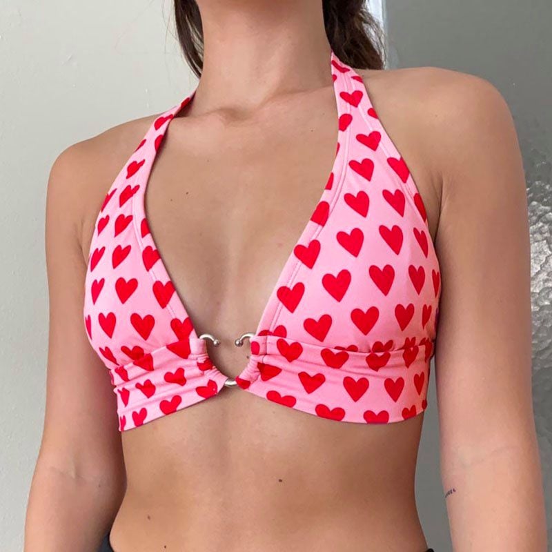 Cute Pink Heart Print Halter Bustier Crop Top Sleeveless Backless Lace Up Bralette Summer Casual E-Girl Kawaii Korean Japanese Harajuku Streetwear