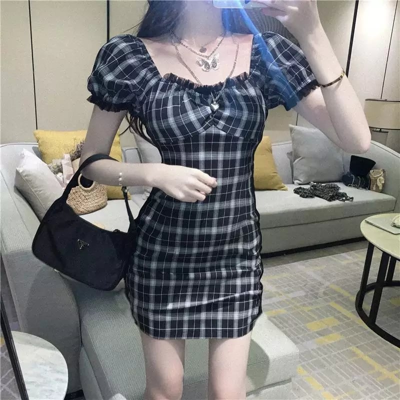 Cute Black White Plaid Puff Sleeve Square Collar Mini Dress Elegant Summer Aesthetic Casual E-Girl Kawaii Korean Japanese Harajuku
