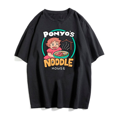Vintage Anime Ramen Noodle Cartoon Print Loose White Short Sleeve Short T-shirt Top Causal Summer E-Girl Kawaii Korean Japanese Harajuku Streetwear