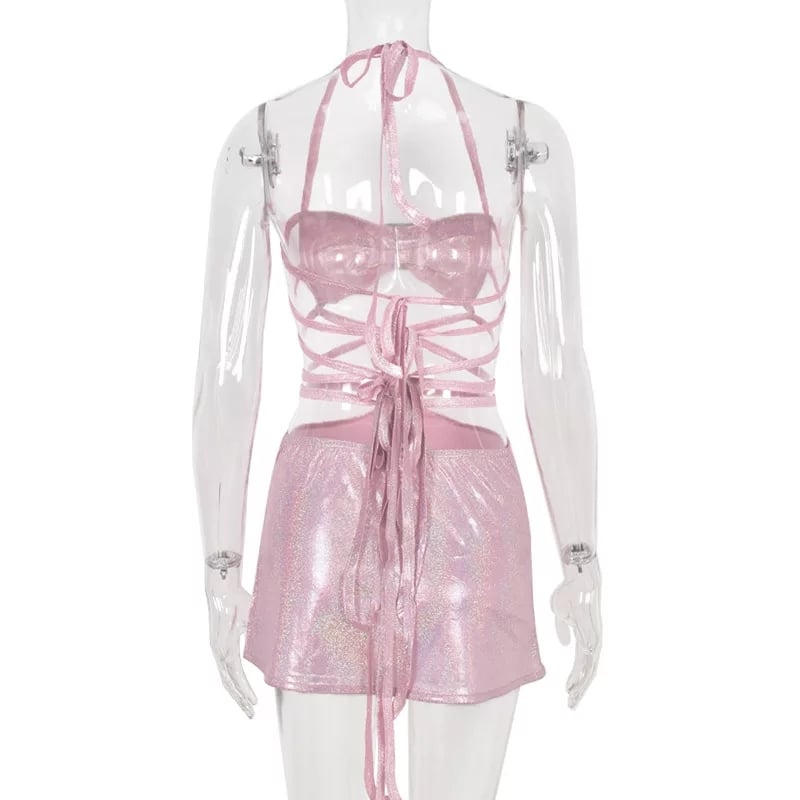 Cute 2pc Set Pink Glitter Fairy Crop Top + Mini Skirt Sexy Club Party Rave Summer Aesthetic Casual E-Girl Kawaii Korean Japanese Harajuku