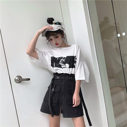 Cute Goth Punk High Waist Belt Skirt E-Girl Kawaii Korean Japanese Harajuku Chinese Retro Streetwear Aesthetic