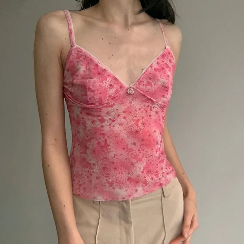 Pink Floral Mesh Sheer V-Neck Crop Top
