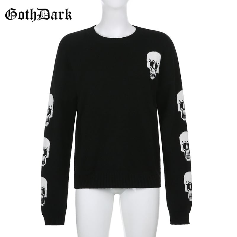 Black Skull Knit Sweater Sweatshirt Crewneck Long Sleeve Pullover Goth Punk Autumn Fall E-Girl Kawaii Korean Japanese Harajuku Streetwear