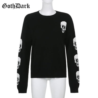 Black Skull Knit Sweater Sweatshirt Crewneck Long Sleeve Pullover Goth Punk Autumn Fall E-Girl Kawaii Korean Japanese Harajuku Streetwear