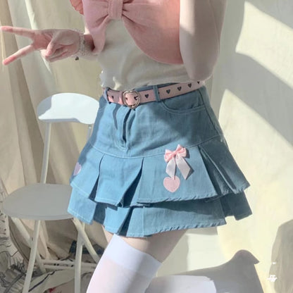 Heart Embroidery Blue Denim Skirt