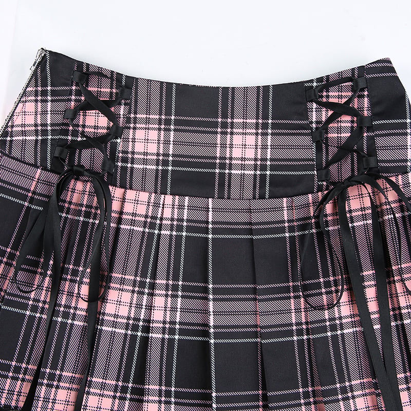 Sexy Lace Up Trim Plaid Pleated Mini Skirt Punk Goth Dark Academia School Girl E-Girl Kawaii Korean Japanese Harajuku Streetwear