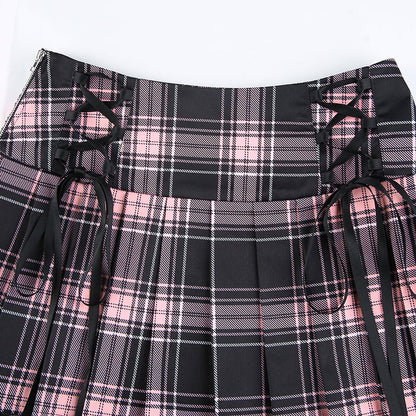 Sexy Lace Up Trim Plaid Pleated Mini Skirt Punk Goth Dark Academia School Girl E-Girl Kawaii Korean Japanese Harajuku Streetwear
