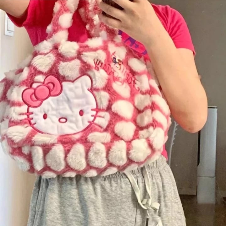 Cute Sweet Pink Kitty Cat Love Heart Plush Shoulder Messenger Bag Purse Aesthetic Casual Summer E-Girl Kawaii Korean Japanese Harajuku