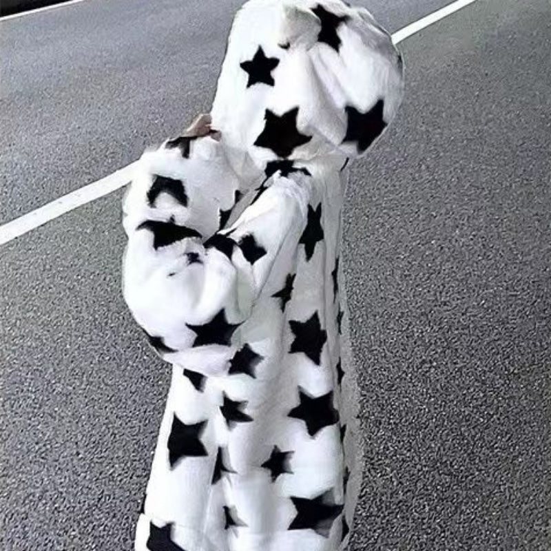 3D Star Ear Print Plush Hood Jacket